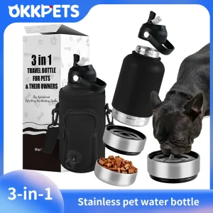OKKPETS 3-in-1 Stainless Steel 32oz Dog Water Bottle
